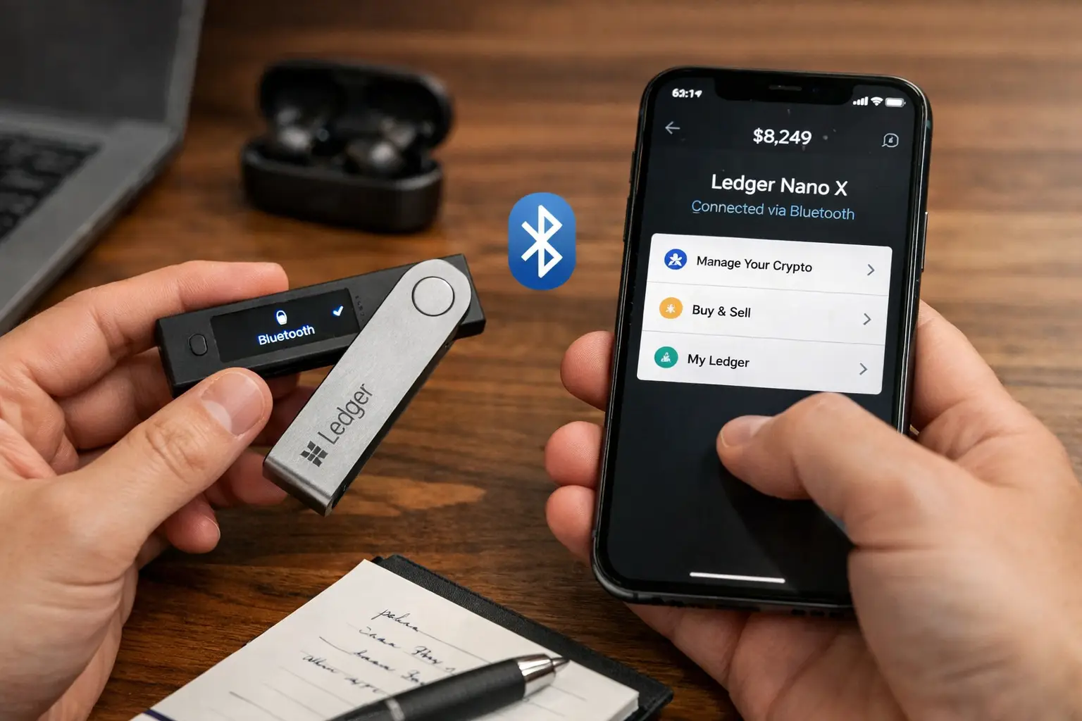 Ledger Nano X review showing Bluetooth hardware wallet with mobile-friendly cold storage setup